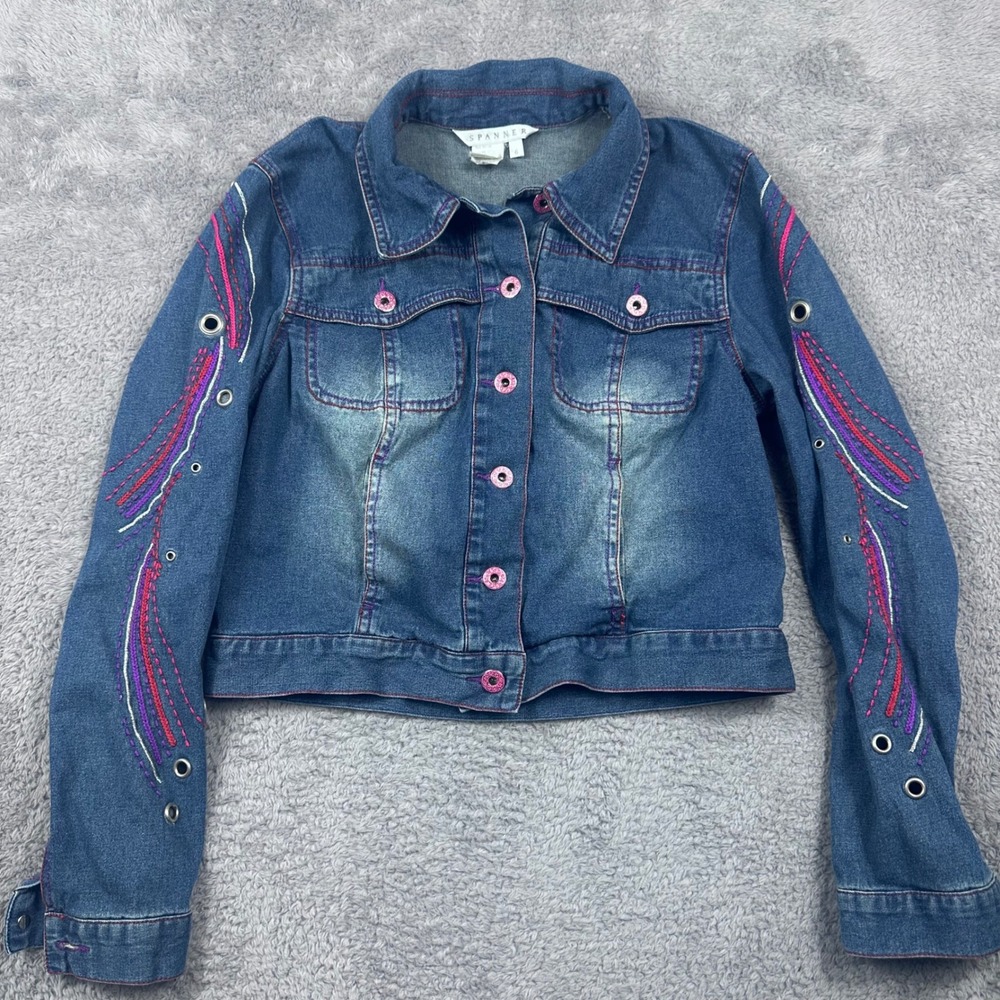 Spanner Denim Jacket Womens 6 Blue Embroidered Grommet Cropped Stretch R07120
